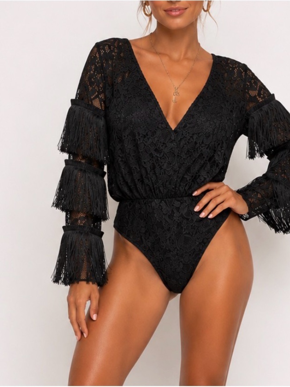 Pink Lily Black Lace overlay Fringe Bodysuit fitted waist V-neck elastic waist S